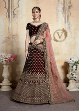 Load image into Gallery viewer, Maroon 1 Embroidered Velvet Lehenga with Dupatta