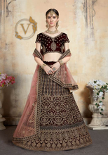 Load image into Gallery viewer, Maroon 4 Embroidered Velvet Lehenga with Dupatta