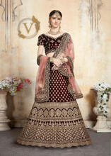 Load image into Gallery viewer, Maroon 5 Embroidered Velvet Lehenga with Dupatta