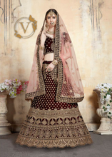 Load image into Gallery viewer, Maroon 6 Embroidered Velvet Lehenga with Dupatta