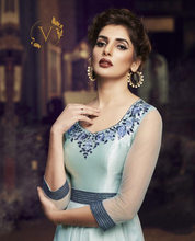 Load image into Gallery viewer, Blue Readymade Embroidered Net Long Gown With Dupatta