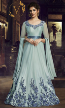 Load image into Gallery viewer, Blue Readymade Embroidered Net Long Gown With Dupatta
