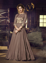 Load image into Gallery viewer, Brown Readymade Embroidered Satin Long Gown With Dupatta