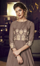 Load image into Gallery viewer, Brown Readymade Embroidered Satin Long Gown With Dupatta