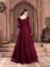 Load image into Gallery viewer, Embroidered Net Abaya Style Suit in Maroon