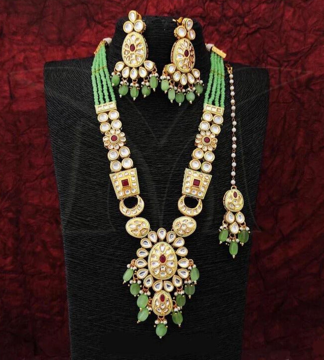 Pista Green Kundan Long Necklace & Earring Set