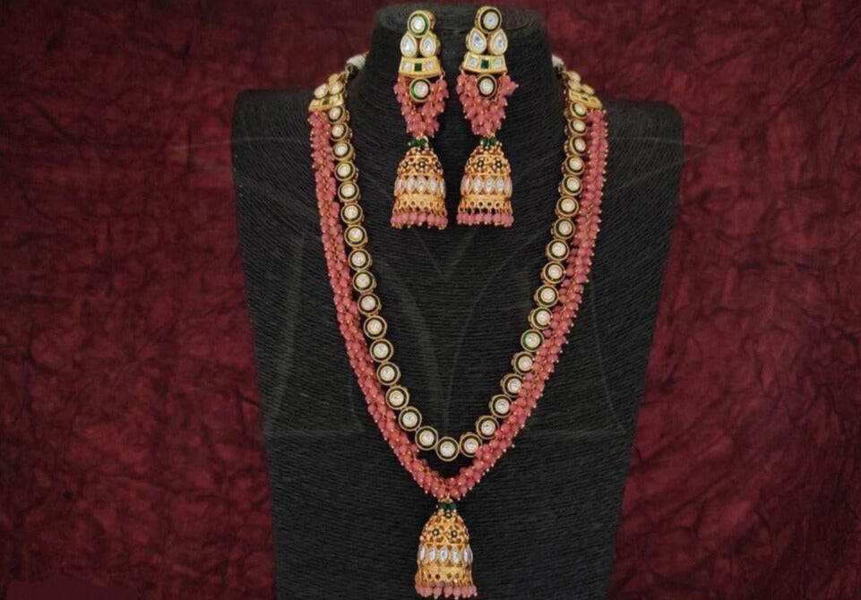 Peach Long Necklace & Earring Set With Kundan and Minakari work
