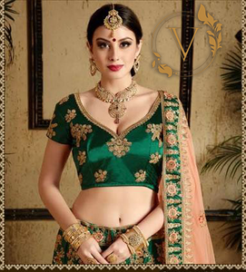 Embroidered Satin Lehenga in Green