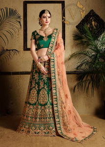 Embroidered Satin Lehenga in Green