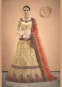 Golden Coral Embroidered Satin Lehenga Choli With Dupatta