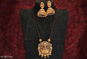 Beautiful Lakshmi Temple Matte Gold Long Necklace & Earring Set