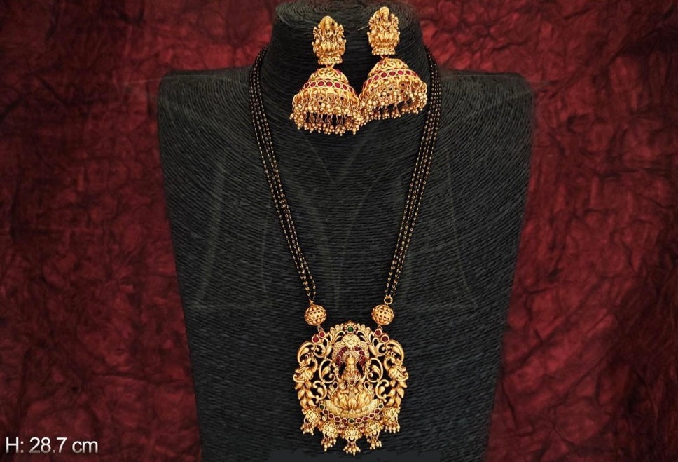 Beautiful Lakshmi Temple Matte Gold Long Necklace & Earring Set