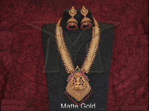 Beautiful Lakshmi Temple Matte Gold Long Necklace & Earring Set