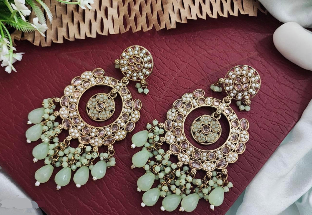 Olive Green Polki Earrings With Beads