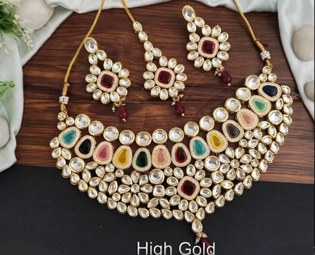 High Quality Multi Color Kundan Necklace & Earring Set