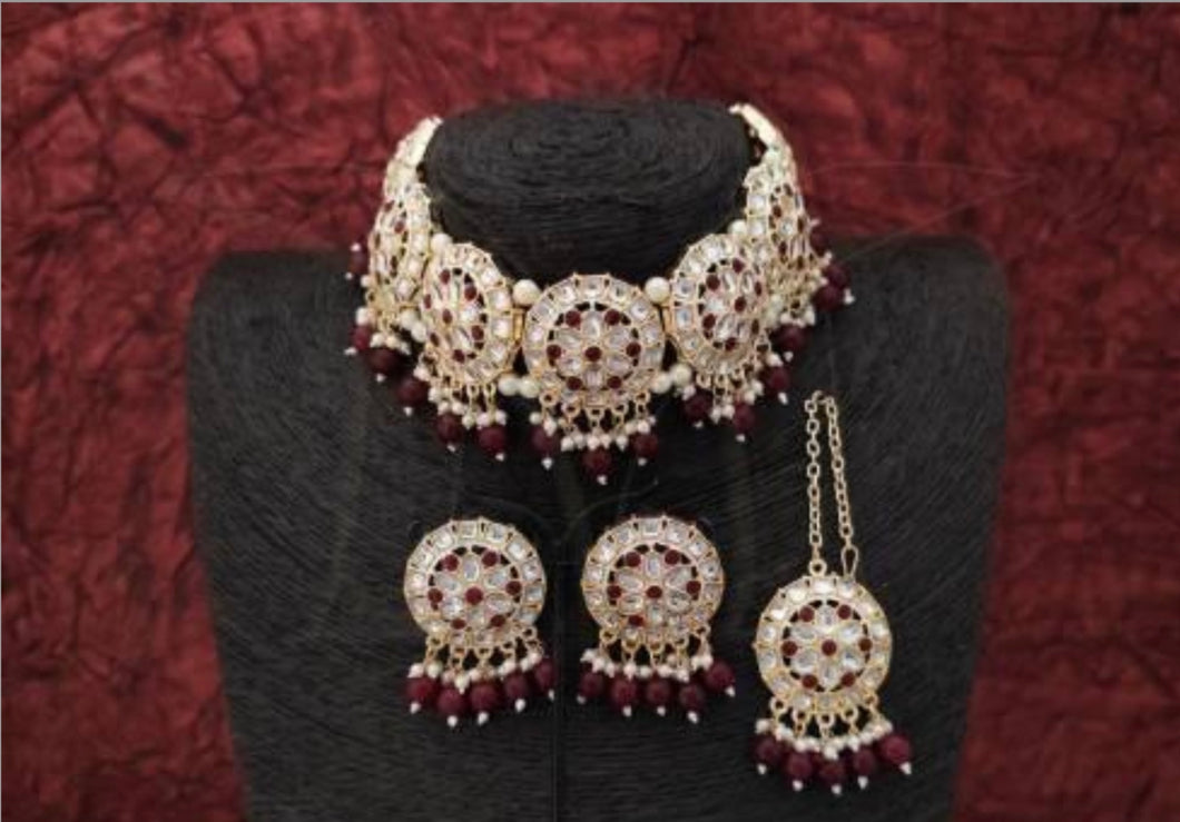 Maroon and White Necklace & Earring Set With Maang Tika