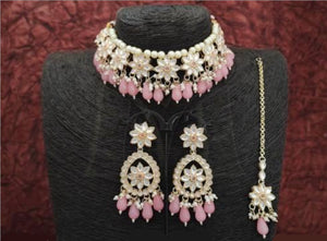 Pink Necklace & Earring Set With Maang Tika