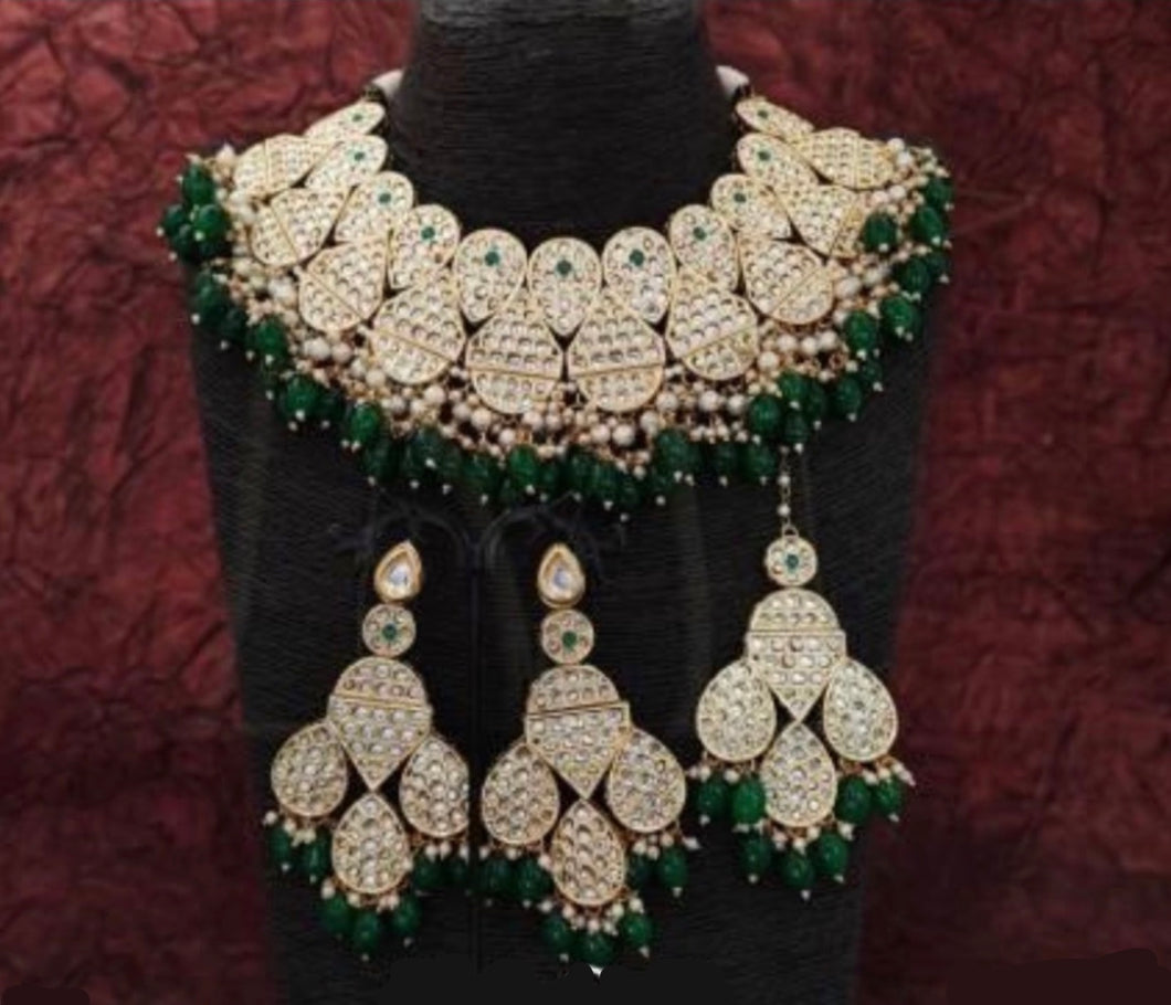 Premium Quality Kundan Green Bead Necklace & Earring Set