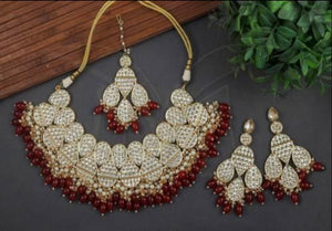 Premium Quality Kundan Maroon Bead Necklace & Earring Set