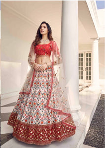 Embroidered Art Silk Lehenga in Off White