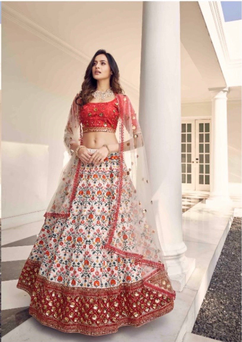 Embroidered Art Silk Lehenga in Off White