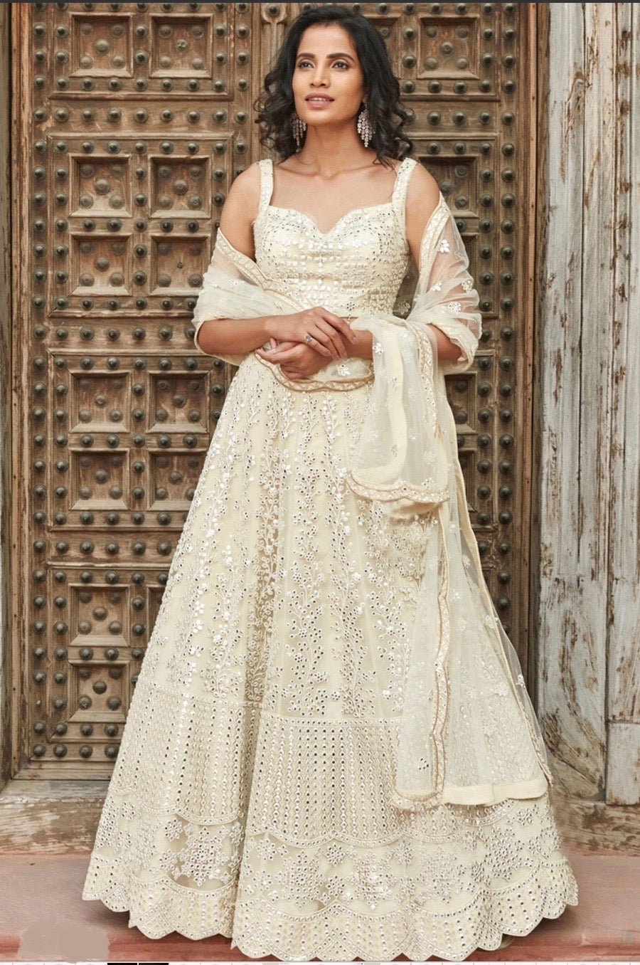 Embroidered Organza Lehenga in Off White