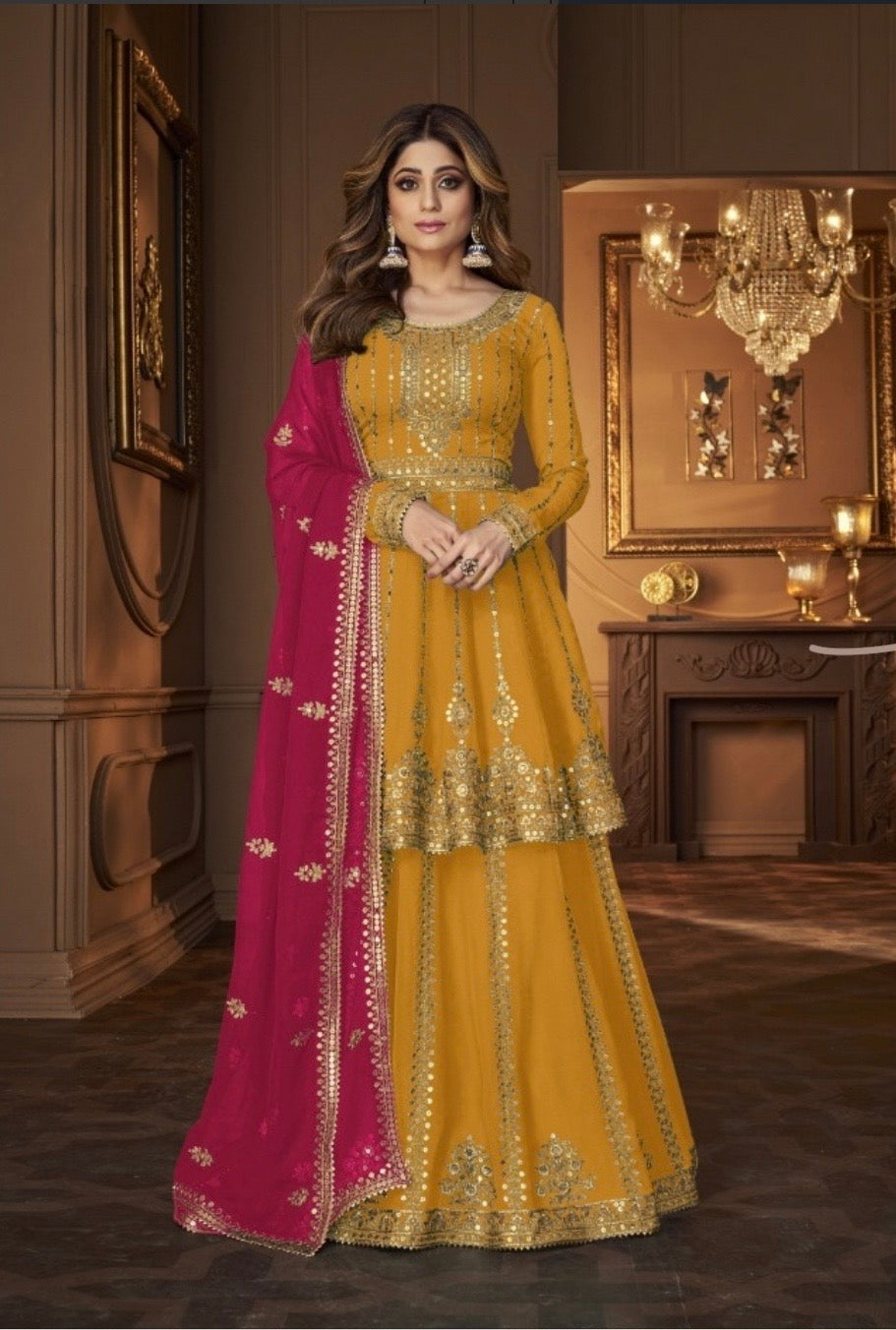 Embroidered Art Silk in Yellow Pink