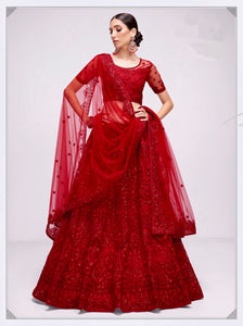 Embroidered Net Lehenga in Red