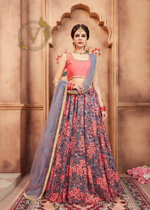 Pink and Blue Designer Lehenga with Dupatta