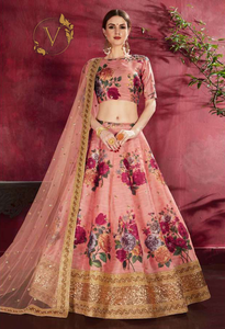 Peach Digital Floral Print Lehenga Choli with Dupatta