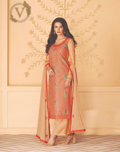 Peach Printed Tussar Silk Pant Salwar Suit