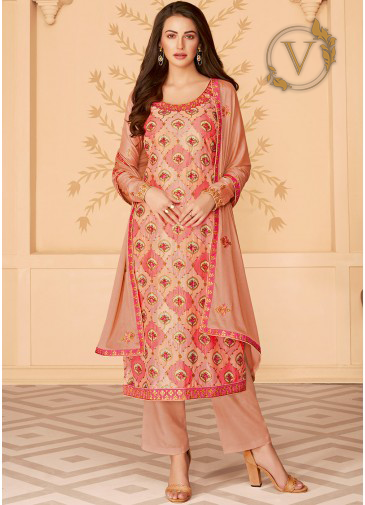 Pink Straight Cut Printed Pant Salwar Suit