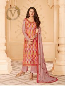 Pink Printed Tussar Silk Pant Salwar Suit