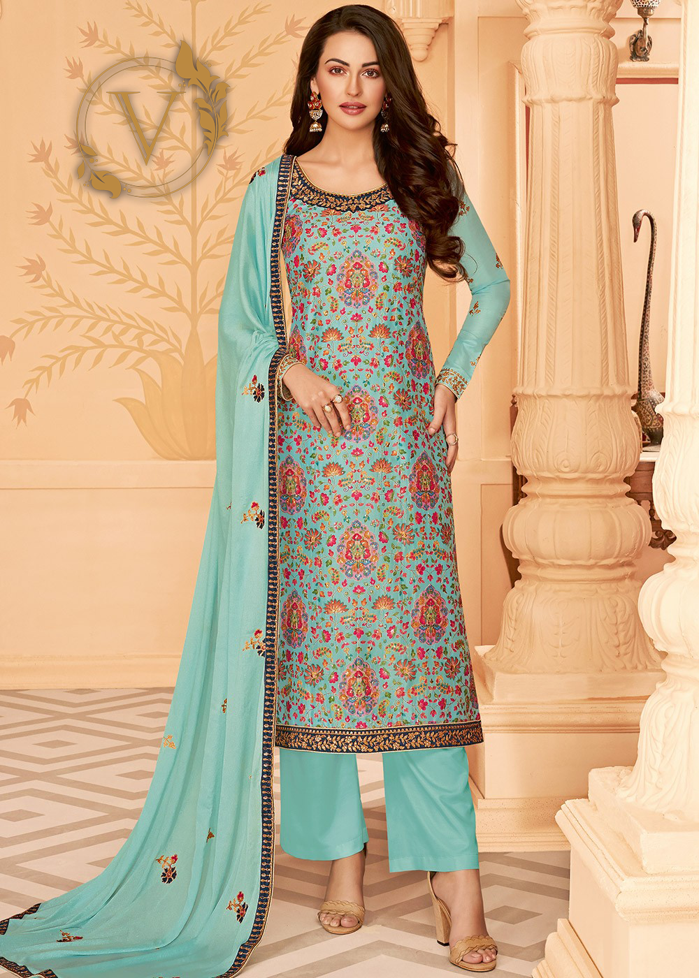 Blue Printed Pant Salwar Suit With Dupatta