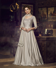 Load image into Gallery viewer, Silver Readymade Mirror Embellished Long Gown With Dupatta
