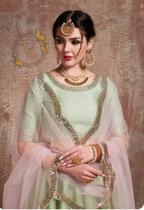 Embellished Net Lehenga in Pastel Green