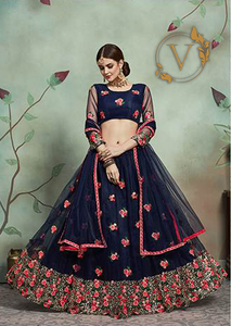 Embroidered Net Lehenga in Navy Blue