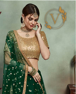 Embellished Net Lehenga in Dark Green