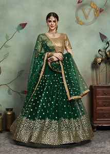 Embellished Net Lehenga in Dark Green