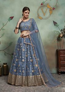 Embroidered Net Lehenga in Light Blue