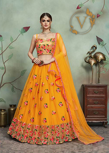 Embroidered Net Lehenga in Mustard