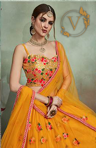 Embroidered Net Lehenga in Mustard