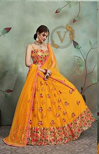 Embroidered Net Lehenga in Mustard