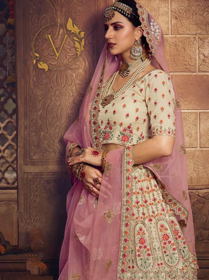 Cream Embroidered Organza Lehenga Choli With Dupatta