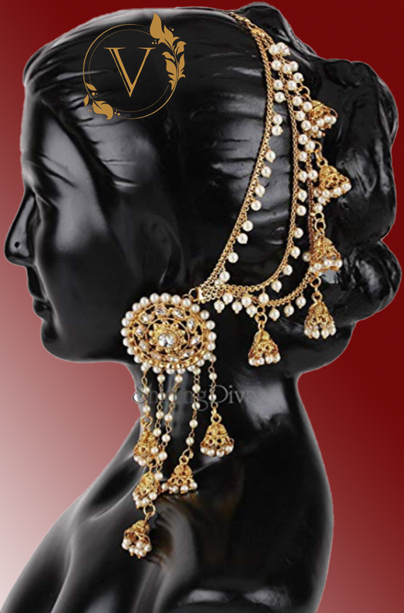 Gold Plated Hair Chain with Pearl Jhumki