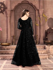 Embroidered Net Abaya Style Suit in Black