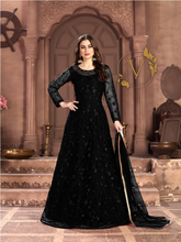 Load image into Gallery viewer, Embroidered Net Abaya Style Suit in Black
