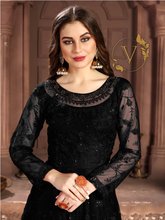 Load image into Gallery viewer, Embroidered Net Abaya Style Suit in Black
