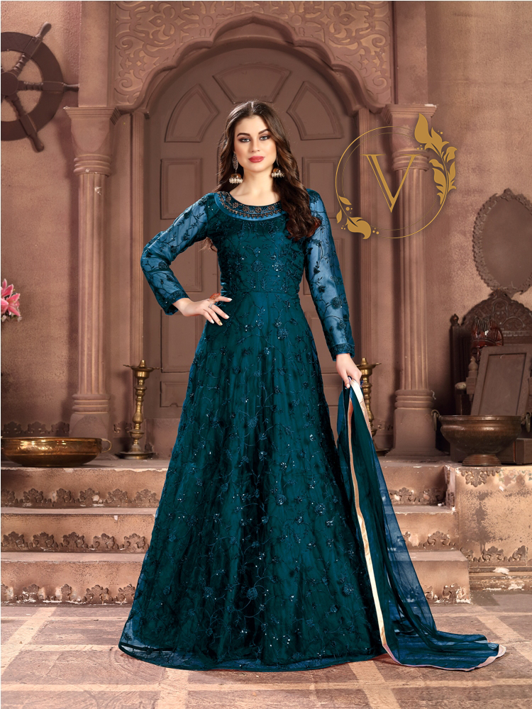 Embroidered Net Abaya Style Suit in Dark Green Venus Collections LLC