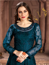 Load image into Gallery viewer, Embroidered Net Abaya Style Suit in Dark Green
